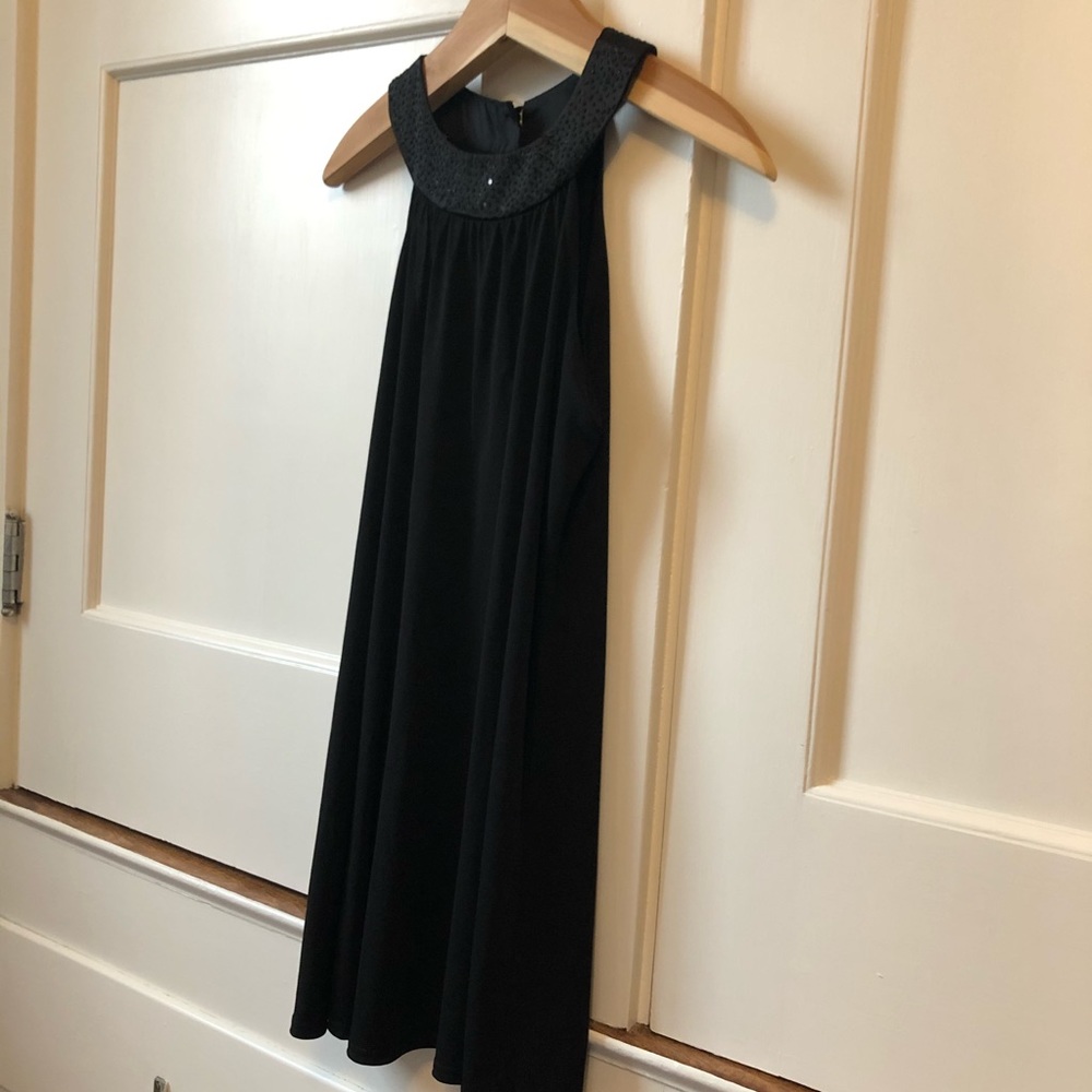 Jodi Kristopher Black Beaded Neck A-Line Dress, small